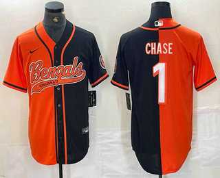 Men%27s Cincinnati Bengals #1 JaMarr Chase Orange Black Two Tone Cool Base Stitched Baseball Jersey